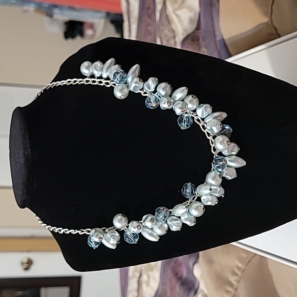 Vintage layered silver Blue beaded and pearl adjustable choker necklace - Picture 1 of 8